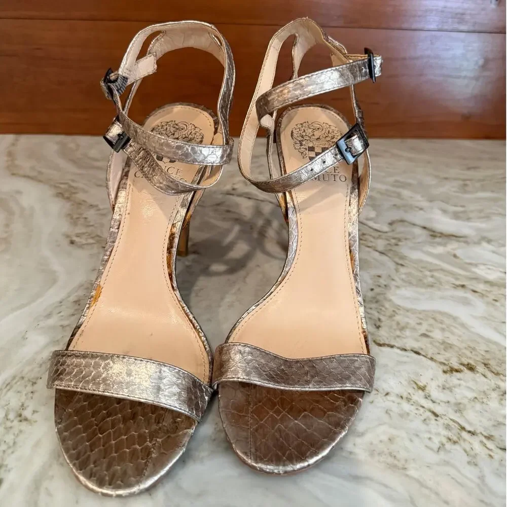 Vince Camuto Heeled Dress Sandals Metallic Gold Snakeskin 6.5